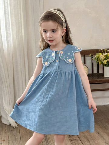 Young Girl Plain Fabric Embroidered Peter Pan Collar Snug Fit Casual Dress