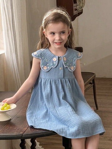 Young Girl Plain Fabric Embroidered Peter Pan Collar Snug Fit Casual Dress