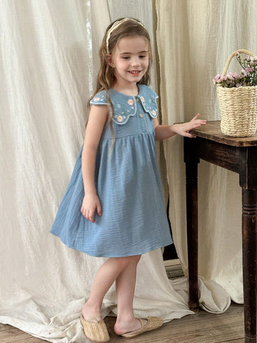 Young Girl Plain Fabric Embroidered Peter Pan Collar Snug Fit Casual Dress