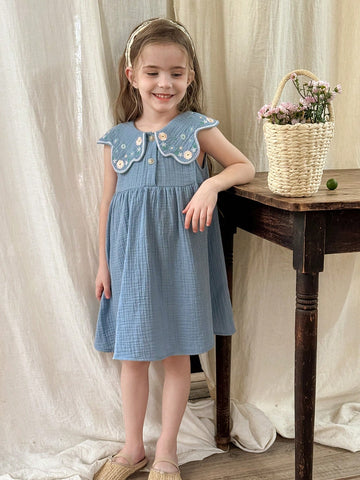 Young Girl Plain Fabric Embroidered Peter Pan Collar Snug Fit Casual Dress