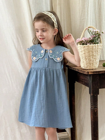 Young Girl Plain Fabric Embroidered Peter Pan Collar Snug Fit Casual Dress