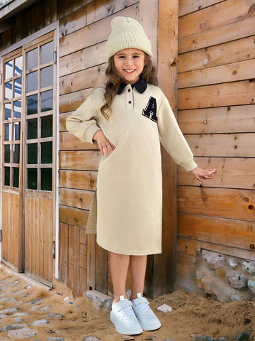 Young Girl Plain Knit Loose Polo Collar Casual Dress