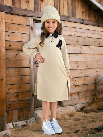 Young Girl Plain Knit Loose Polo Collar Casual Dress