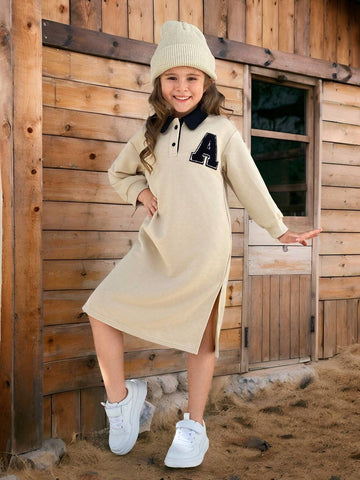 Young Girl Plain Knit Loose Polo Collar Casual Dress