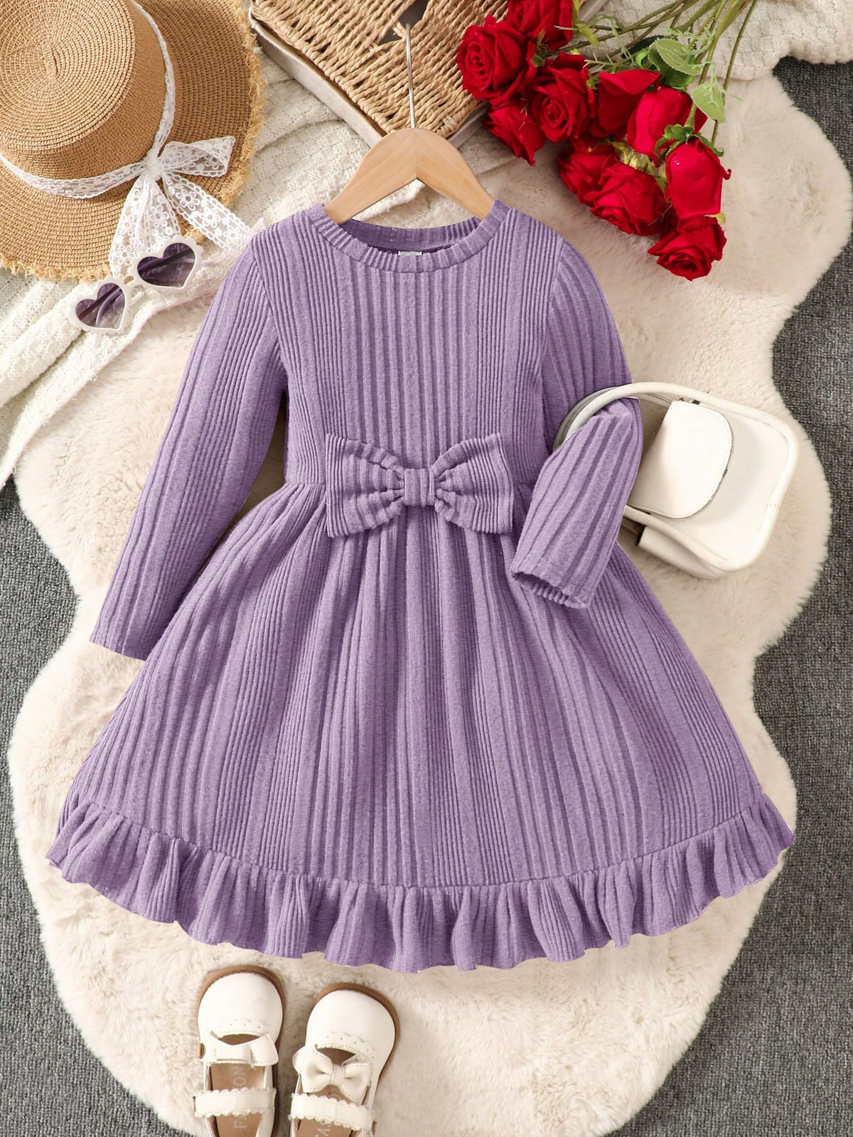 Young Girl Plain Knit Round Neck Bowknot Decor Casual Dress