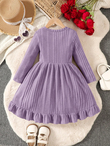 Young Girl Plain Knit Round Neck Bowknot Decor Casual Dress