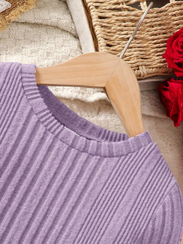 Young Girl Plain Knit Round Neck Bowknot Decor Casual Dress