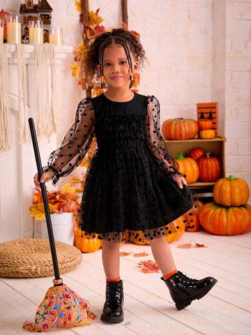 Young Girl Plain Knitted Round Neck Patchwork Fuzzy Puff Sleeve Fitted Casual Dress