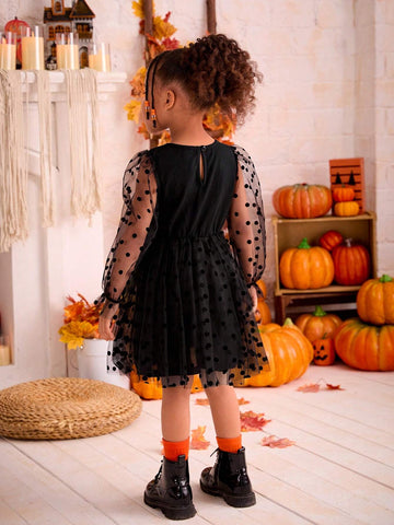 Young Girl Plain Knitted Round Neck Patchwork Fuzzy Puff Sleeve Fitted Casual Dress