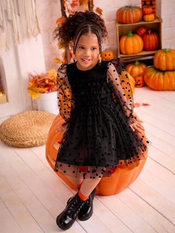 Young Girl Plain Knitted Round Neck Patchwork Fuzzy Puff Sleeve Fitted Casual Dress