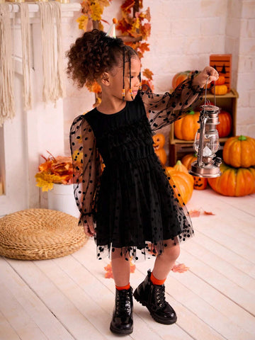 Young Girl Plain Knitted Round Neck Patchwork Fuzzy Puff Sleeve Fitted Casual Dress