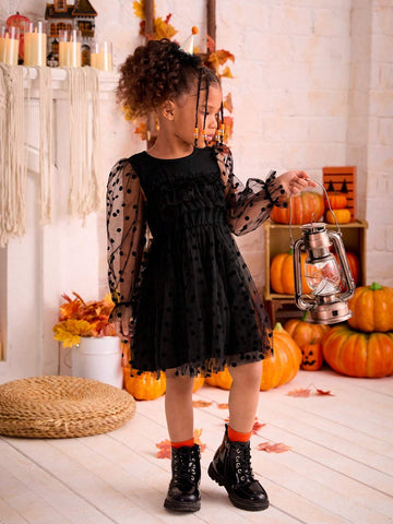 Young Girl Plain Knitted Round Neck Patchwork Fuzzy Puff Sleeve Fitted Casual Dress