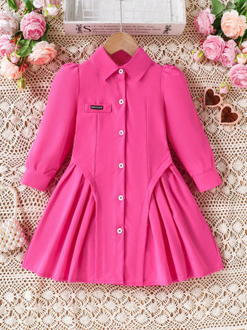 Young Girl Plain Long Sleeve Pleated Colorblock Trim Detail Dress