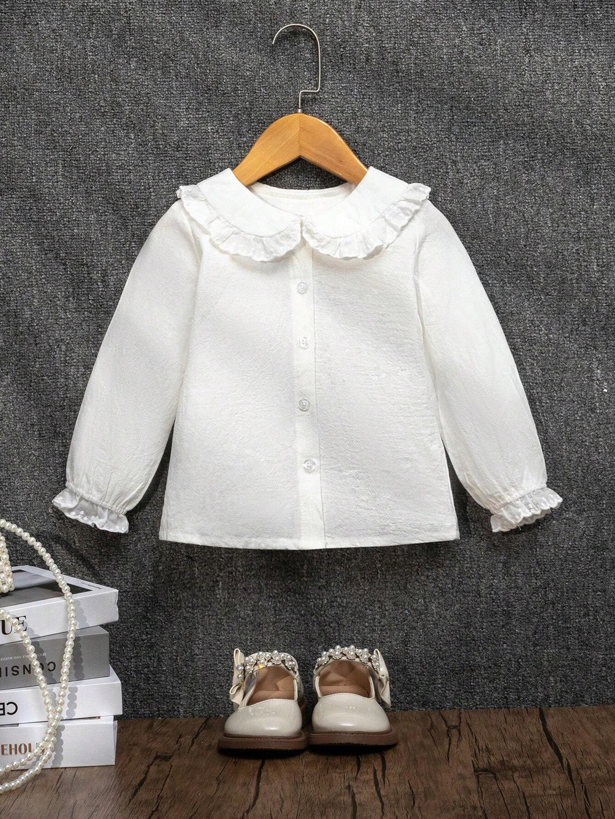 Young Girl Plain Peter Pan Collar Button Front Long Sleeve Blouse