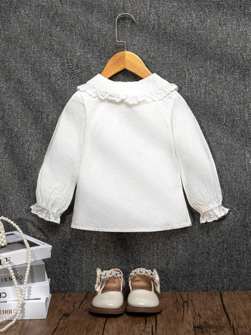 Young Girl Plain Peter Pan Collar Button Front Long Sleeve Blouse
