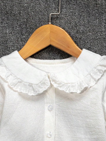 Young Girl Plain Peter Pan Collar Button Front Long Sleeve Blouse