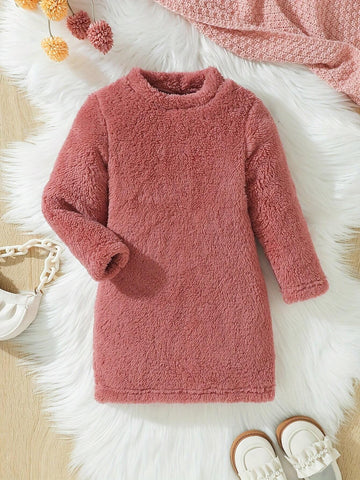 Young Girl Plain Round Neck Long Sleeve Casual Fleece Dress, Autumn Winter