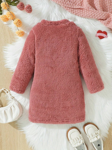Young Girl Plain Round Neck Long Sleeve Casual Fleece Dress, Autumn Winter