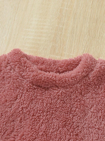 Young Girl Plain Round Neck Long Sleeve Casual Fleece Dress, Autumn Winter