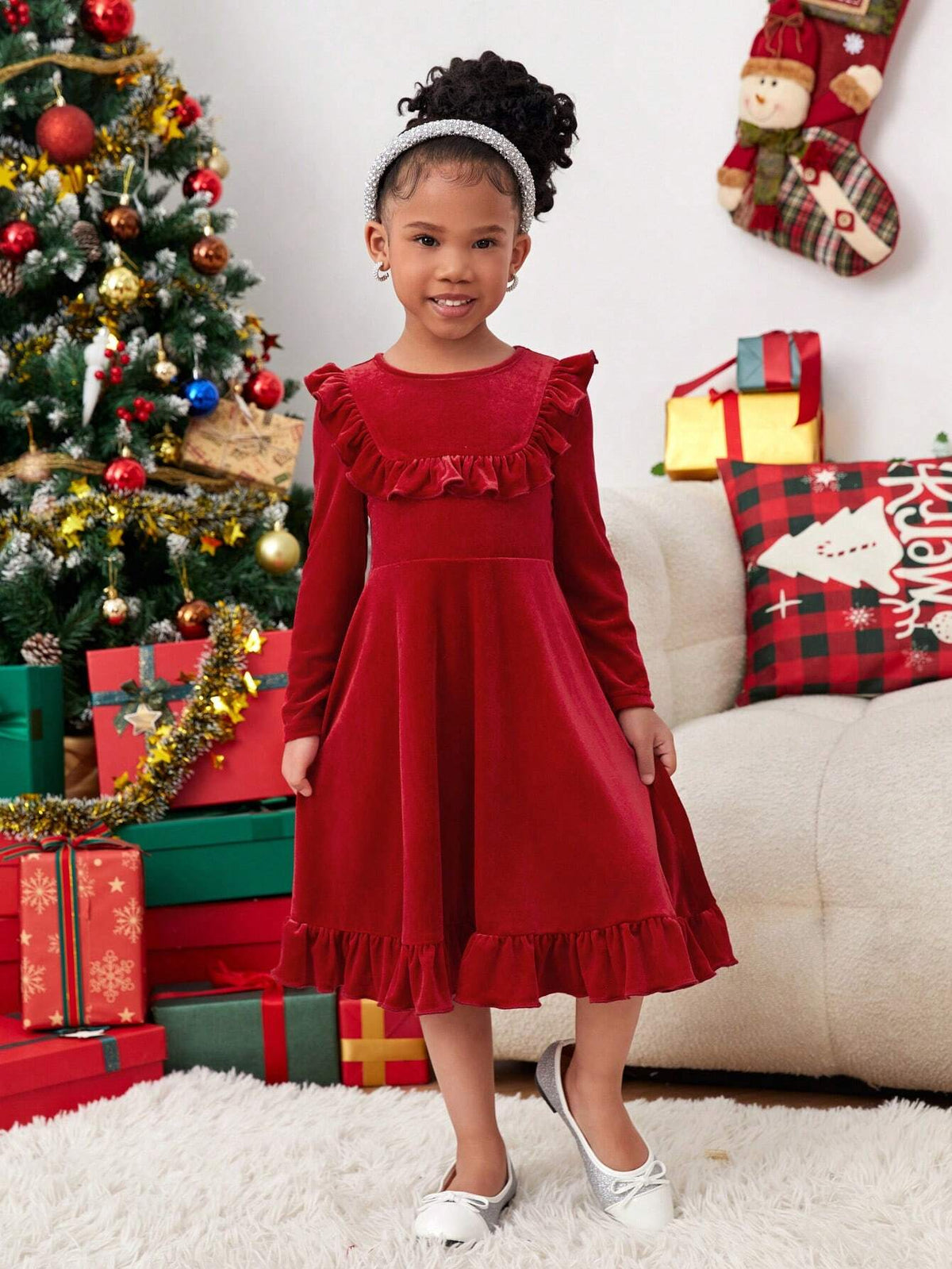 Young Girl Plain Round Neck Long Sleeve Sweater Dress For Christmas, Casual