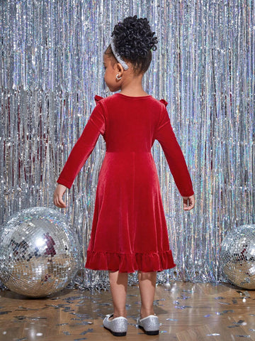 Young Girl Plain Round Neck Long Sleeve Sweater Dress For Christmas, Casual