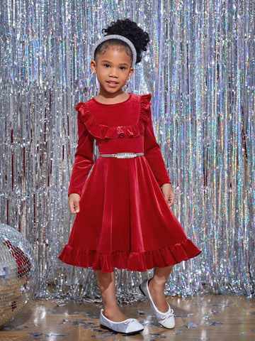 Young Girl Plain Round Neck Long Sleeve Sweater Dress For Christmas, Casual