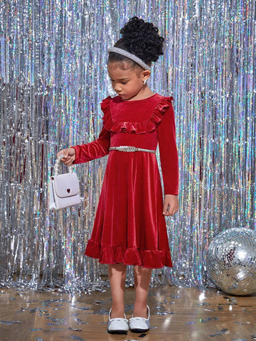 Young Girl Plain Round Neck Long Sleeve Sweater Dress For Christmas, Casual