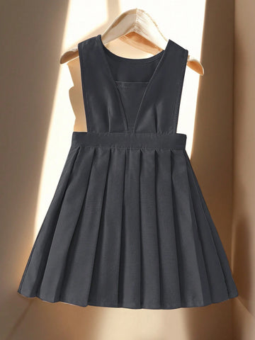 Young Girl Plain Sleeveless Simple Pleated Dress, For Performance And Casual Everyday Wear