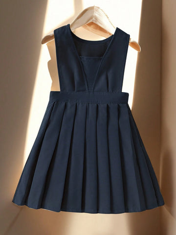 Young Girl Plain V-Neck Sleeveless Pleated Casual Dress For Performance