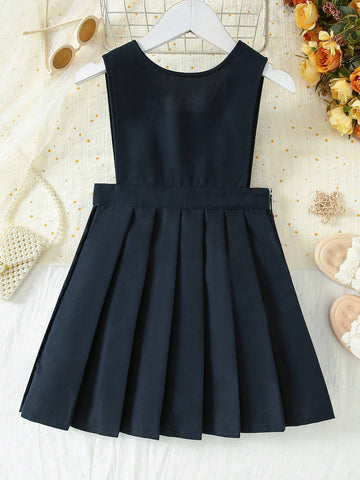 Young Girl Plain V-Neck Sleeveless Pleated Casual Dress For Performance