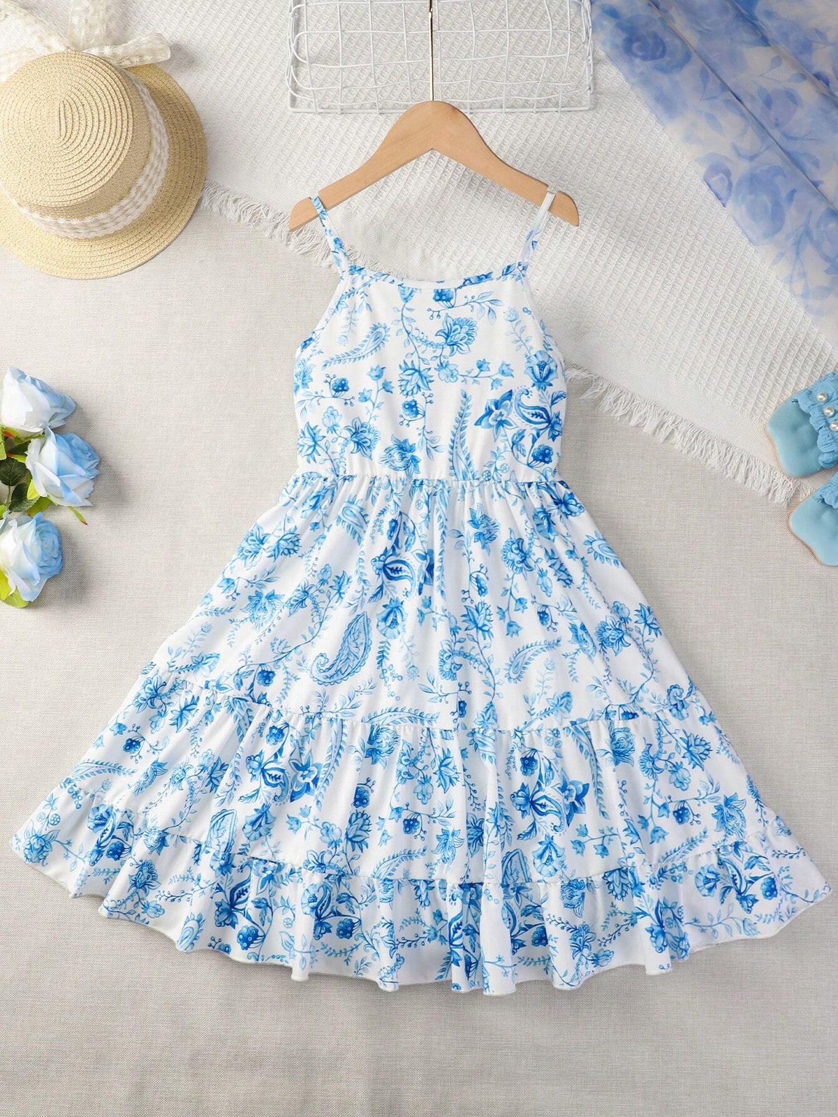 Young Girl Plant Print Vacation Ladylike Strappy Dress, Suitable For Summer, Daily Outings