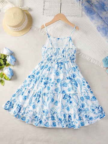 Young Girl Plant Print Vacation Ladylike Strappy Dress, Suitable For Summer, Daily Outings