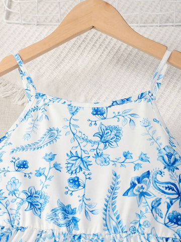 Young Girl Plant Print Vacation Ladylike Strappy Dress, Suitable For Summer, Daily Outings