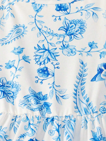 Young Girl Plant Print Vacation Ladylike Strappy Dress, Suitable For Summer, Daily Outings