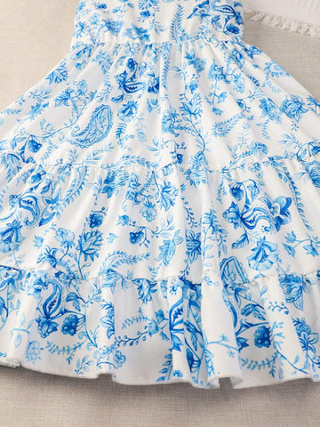 Young Girl Plant Print Vacation Ladylike Strappy Dress, Suitable For Summer, Daily Outings