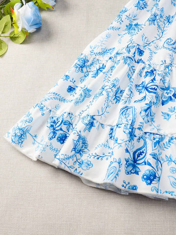 Young Girl Plant Print Vacation Ladylike Strappy Dress, Suitable For Summer, Daily Outings