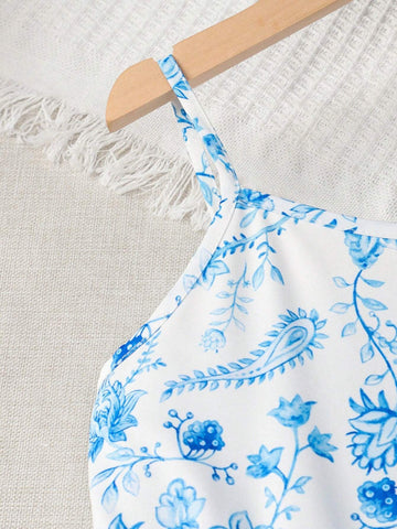 Young Girl Plant Print Vacation Ladylike Strappy Dress, Suitable For Summer, Daily Outings