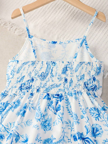 Young Girl Plant Print Vacation Ladylike Strappy Dress, Suitable For Summer, Daily Outings