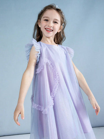 Young Girl Pleated Heart Design Screw Neck Short Sleeve Dress, 2024 New Summer Gradient Mesh Princess Dress For Children