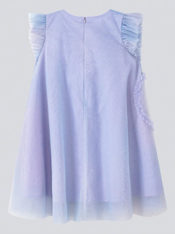 Young Girl Pleated Heart Design Screw Neck Short Sleeve Dress, 2024 New Summer Gradient Mesh Princess Dress For Children