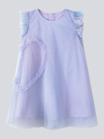 Young Girl Pleated Heart Design Screw Neck Short Sleeve Dress, 2024 New Summer Gradient Mesh Princess Dress For Children