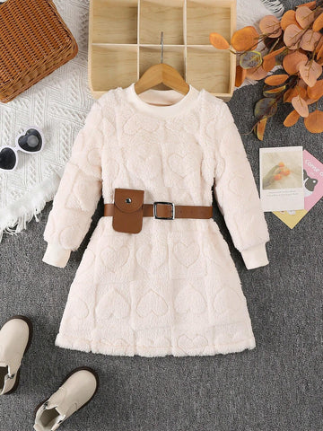 Young Girl Plush Round Neck Long Sleeve Casual Dress, Autumn Winter