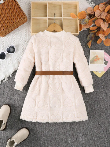 Young Girl Plush Round Neck Long Sleeve Casual Dress, Autumn Winter