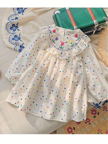 Young Girl Polka Dot Print Embroidery Floral Pattern Ruffle Trim Dress