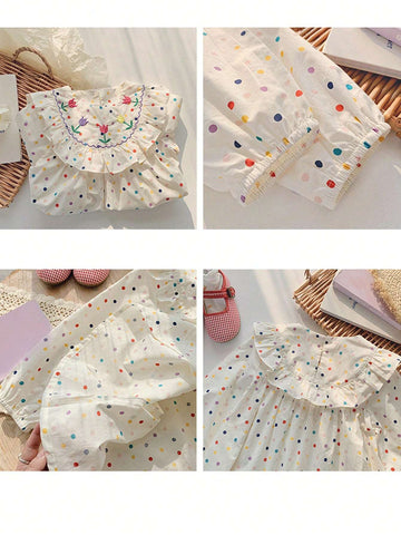 Young Girl Polka Dot Print Embroidery Floral Pattern Ruffle Trim Dress