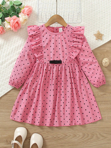 Young Girl Polka Dot Print Round Neck Long Sleeve Ruffle Hem Splice Cute Dress, Autumn
