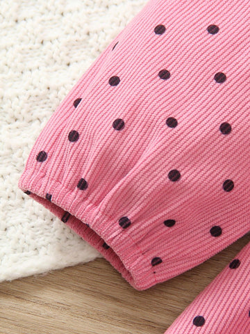 Young Girl Polka Dot Print Round Neck Long Sleeve Ruffle Hem Splice Cute Dress, Autumn