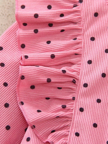 Young Girl Polka Dot Print Round Neck Long Sleeve Ruffle Hem Splice Cute Dress, Autumn