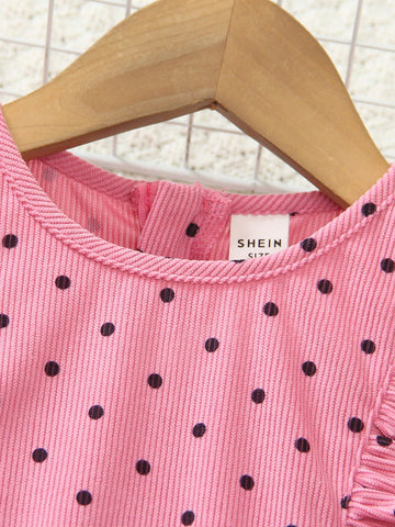 Young Girl Polka Dot Print Round Neck Long Sleeve Ruffle Hem Splice Cute Dress, Autumn