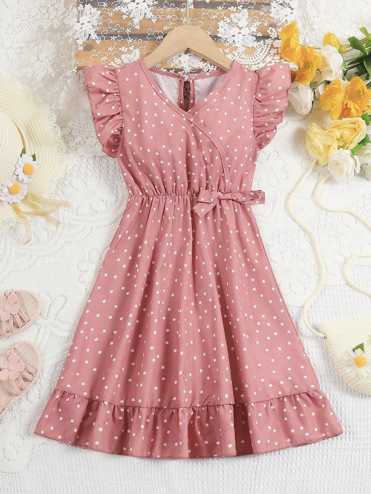 Young Girl Polka Dot Print Waist Tie Short Sleeve A-Line Dress